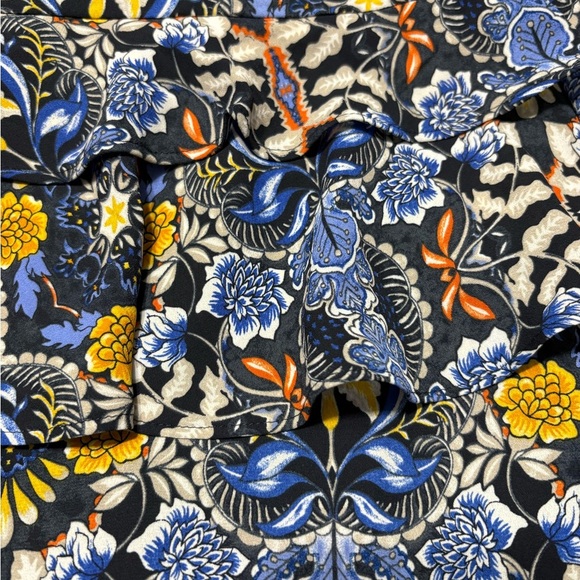 LOFT Long Sleeve Ruffled Drop Wsist Shift Dress. Navy with Yellow Floral Print - Picture 12 of 14